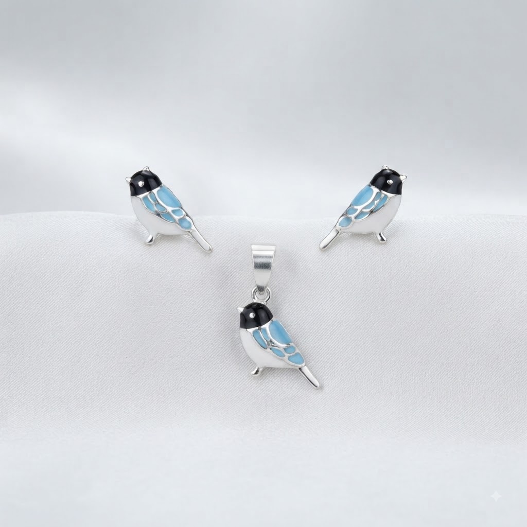 PREMIUM 925 SILVER WHISPERING SONG BIRD ENAMEL PENDANT SET - Image 4