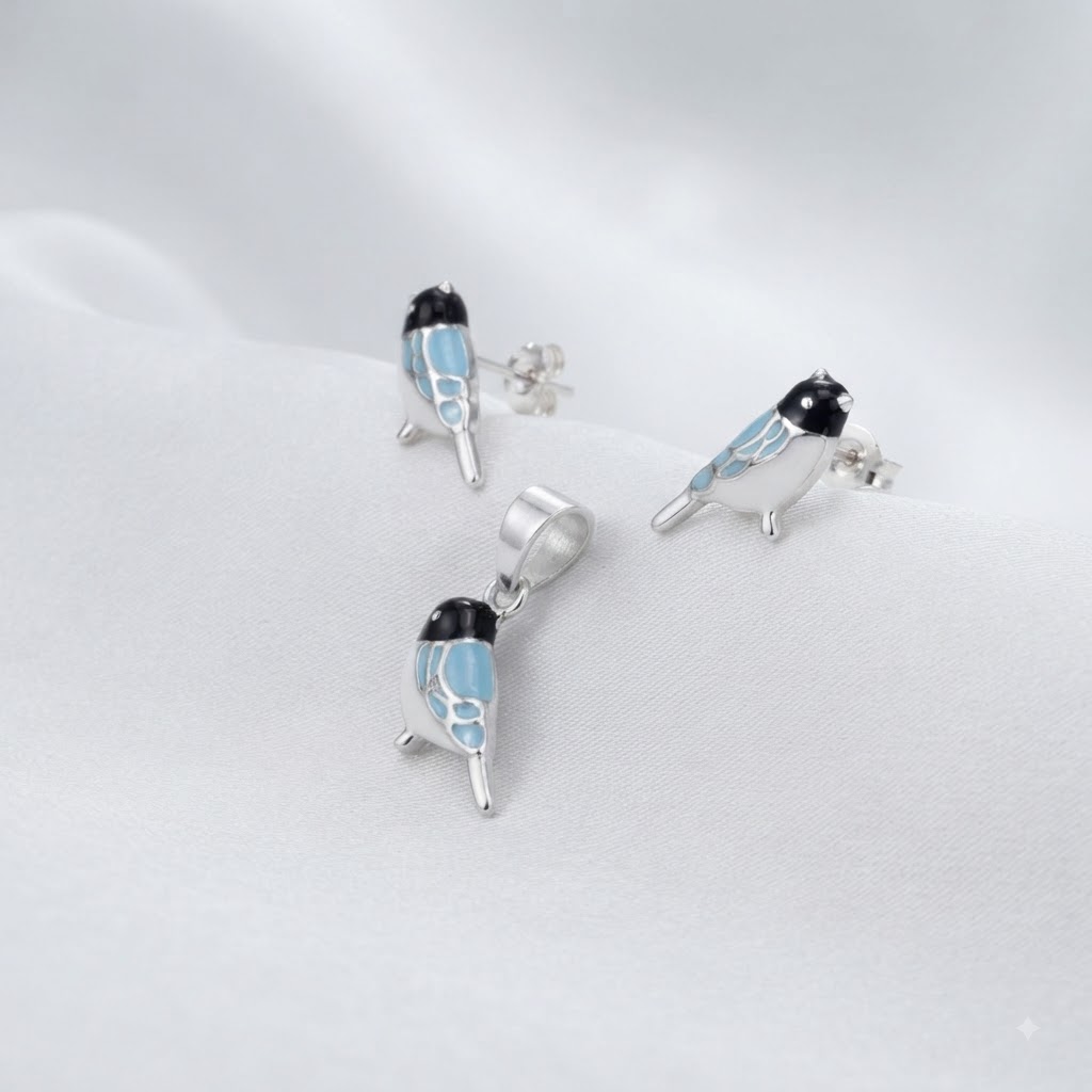 PREMIUM 925 SILVER WHISPERING SONG BIRD ENAMEL PENDANT SET - Image 3