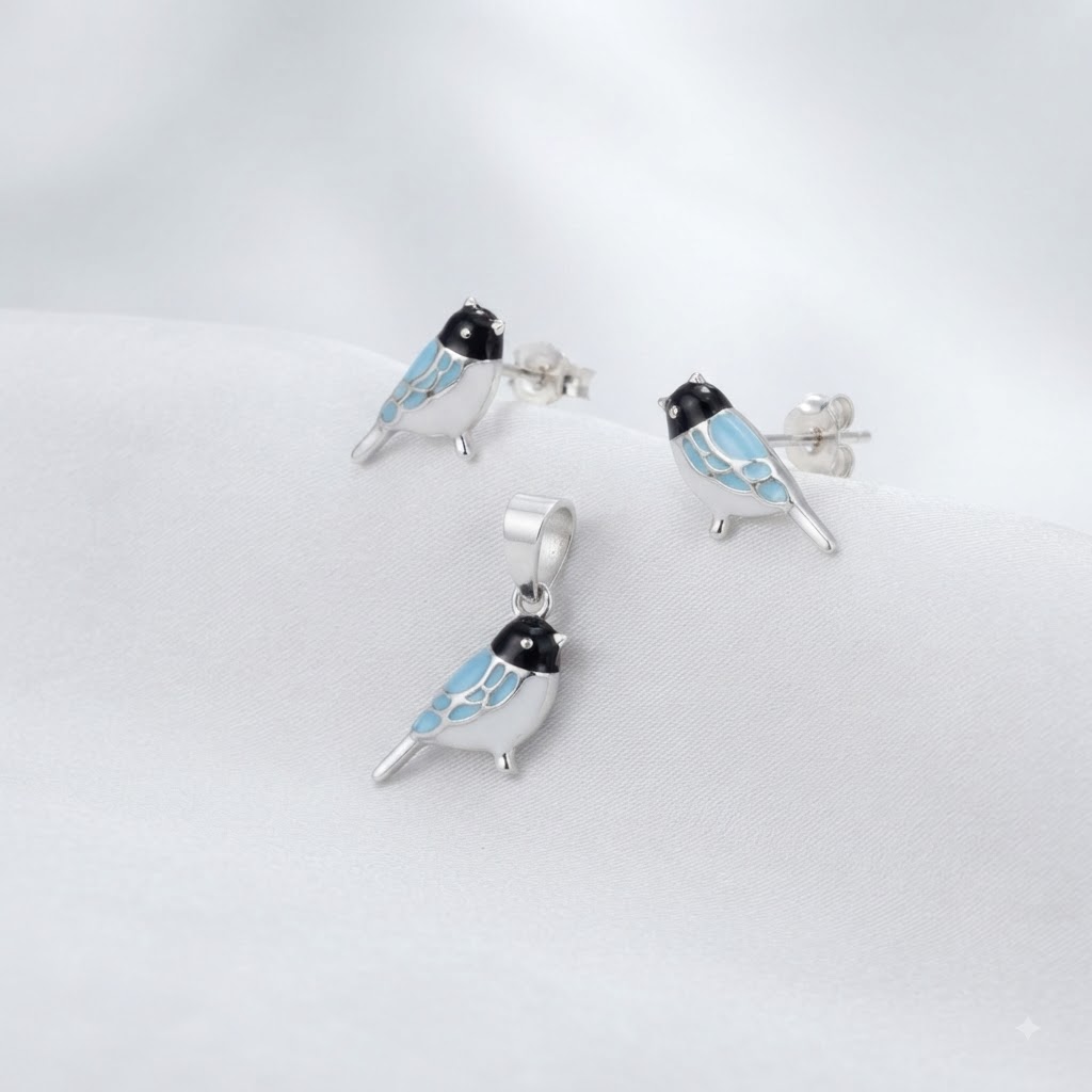 PREMIUM 925 SILVER WHISPERING SONG BIRD ENAMEL PENDANT SET