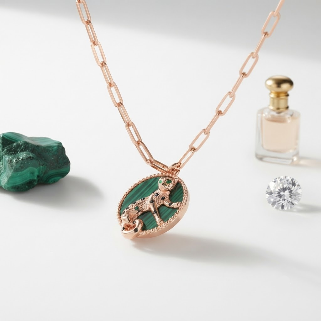 MYSTIC PANTHER & MALACHITE SILVER ROSE GOLD POLISHED NECKLESS - Image 3
