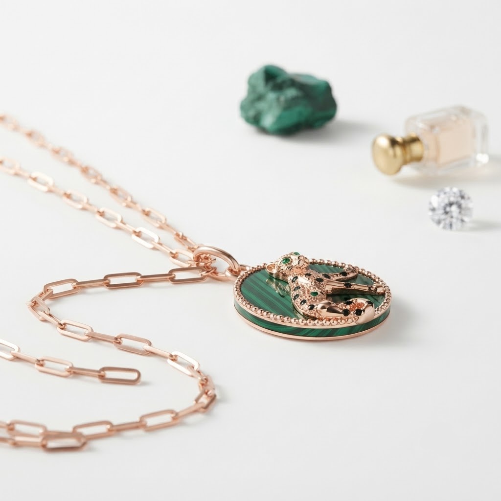MYSTIC PANTHER & MALACHITE SILVER ROSE GOLD POLISHED NECKLESS - Image 2