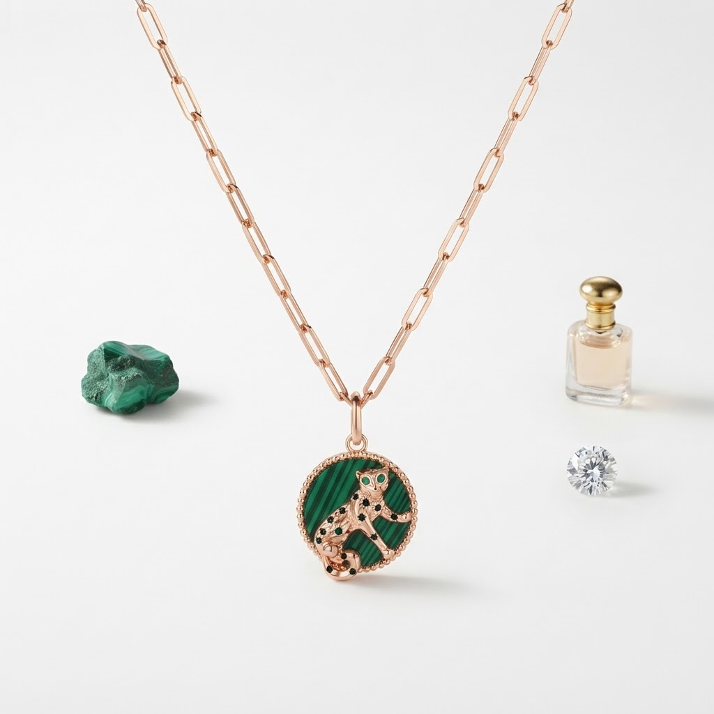 MYSTIC PANTHER & MALACHITE SILVER ROSE GOLD POLISHED NECKLESS