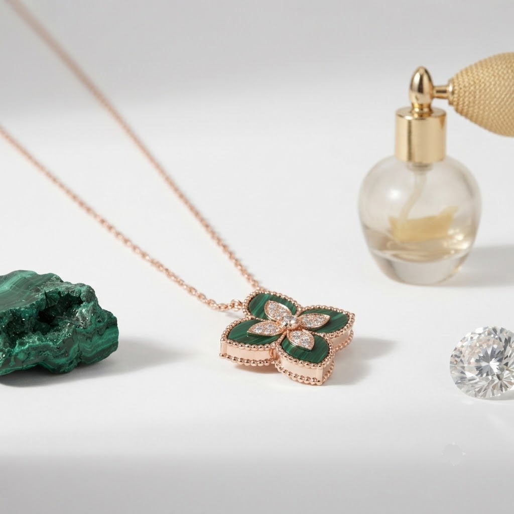 EMERALD MOSAIC CLOVER SILVER ROSE GOLD POLISHED NECKLESS - Image 2