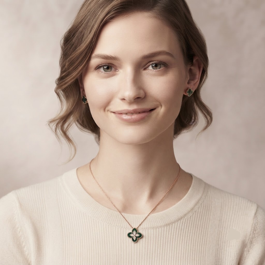 EMERALD MOSAIC CLOVER SILVER ROSE GOLD POLISHED NECKLESS - Image 4