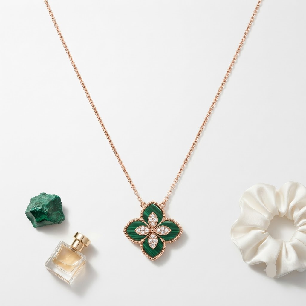 EMERALD MOSAIC CLOVER SILVER ROSE GOLD POLISHED NECKLESS